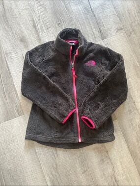 The North Face Girls Dark Gray Fleece Jacket with Pink Trim